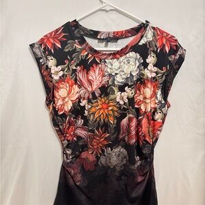 RACHEL Rachel Roy Black Blouse with Red and Orange Floral Design